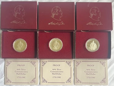 Three (3) “1982 George Washington 250th Anniversary 90% Silver Proof Half Dollars, original boxes
