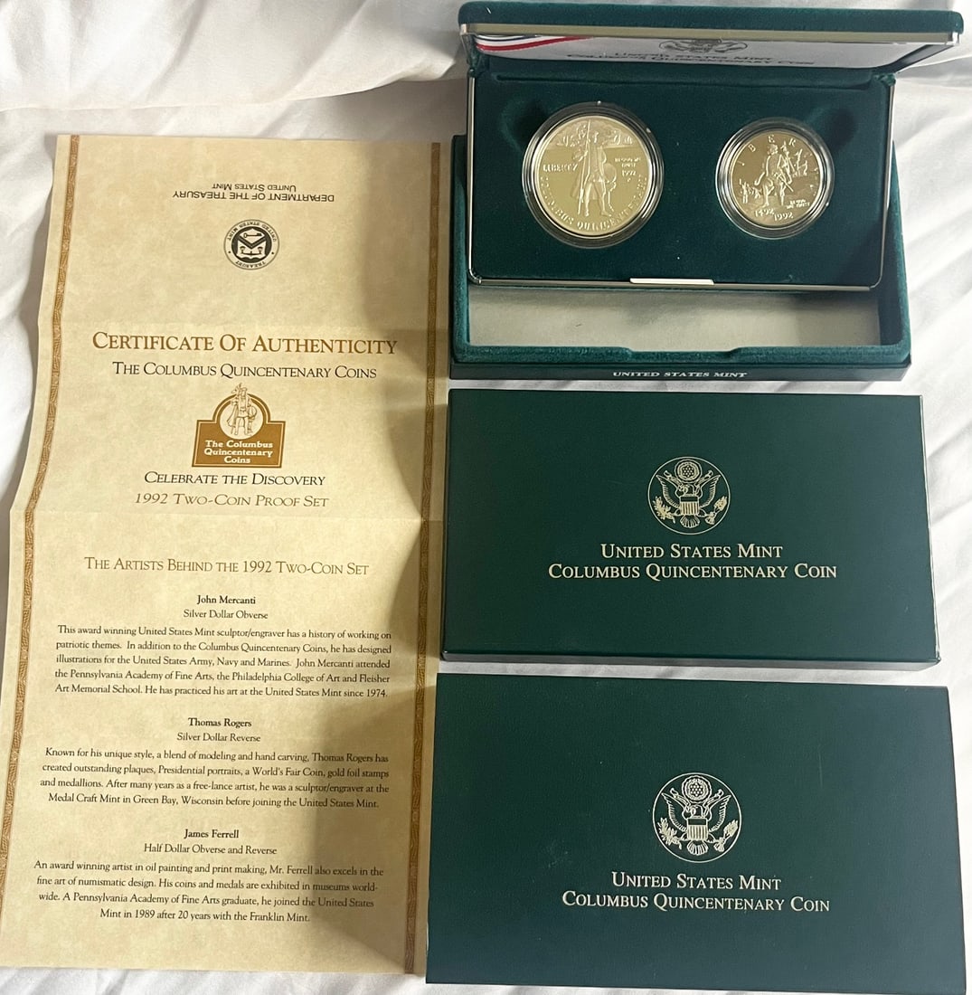 1992 U.S. Mint Columbus Quincentenary Two-Coin Proof Set (Silver Dollar & Half Dollar) OGP Box, COA: 1992 U.S. Mint Columbus Quincentenary Two-Coin Proof Set (Silver Dollar & Half Dollar) w/ OGP Box + COA, 90% Silver, Official United States Mint Columbus Quincentenary Coins “Celebrate the Discovery