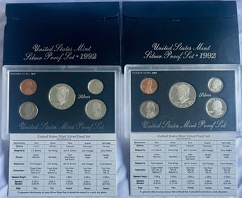 Two (2) 1992 U.S. Mint Silver Proof Sets (San Francisco “S??) With Original Box & COA