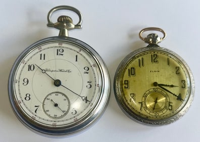 Lot of 2 Antique American Pocket Watches – Hampden 17J Open Face & Elgin 15J 10K Gold Filled,
