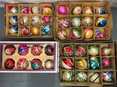 Large Lot (44) Vintage Mid-Century Glass Christmas Ornaments, Original Boxes