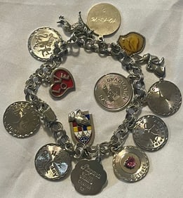 Vintage Sterling Silver Charm Bracelet, 1960s–70s, 15 Charms, Travel, Zodiac, Births, Dog, etc.,