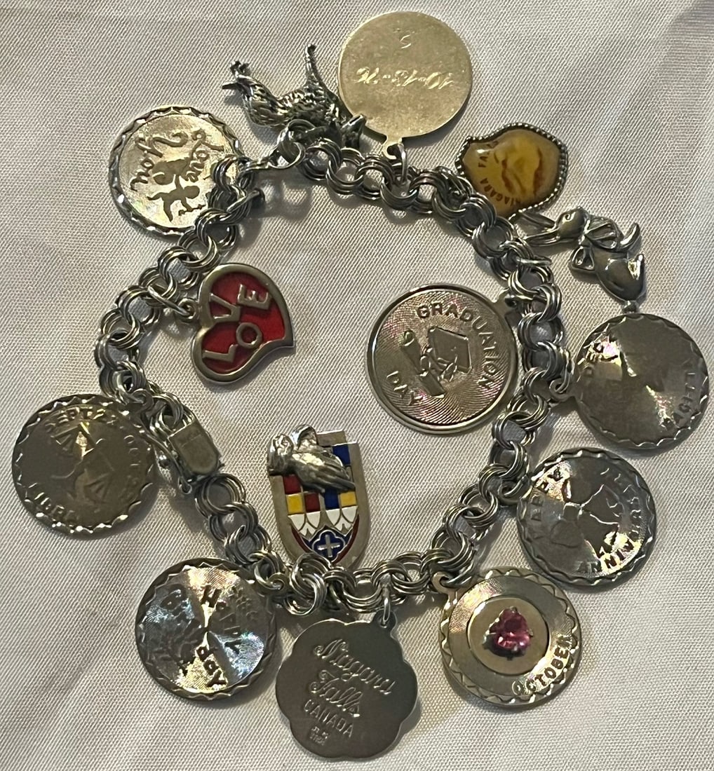 Vintage Sterling Silver Charm Bracelet, 1960s–70s, 15 Charms, Travel, Zodiac, Births, Dog, etc.,: Vintage Sterling Silver Charm Bracelet – 1960s–1970s, approx. 15 Charms, Travel, Zodiac, Birthstone, Graduation, & Figural Dog – 38.84 grams, Approx. 8" Long , vintage solid sterling silver char
