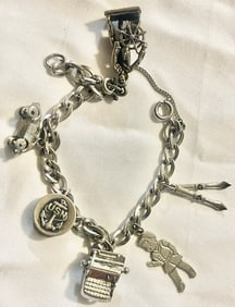 Sterling Silver Charm Bracelet, USN & Nautical Motifs, Typewriter, Car, Skii's, Figural Charms,  21