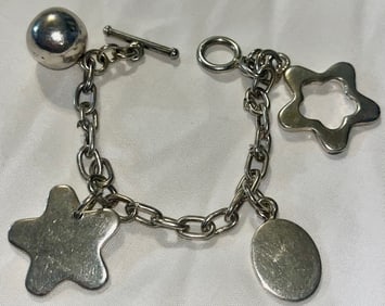Sterling Silver 925 Charm Bracelet w/ Toggle Clasp & Modern Star/Flower Charms,  39.44 GRAMS
