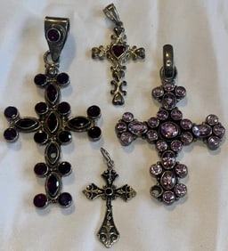 Lot of 4 Vintage Sterling Silver Gemstone Cross Pendants, Garnet & Amethyst, Ornate Designs,  23.52