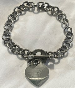 Vintage Sterling Silver Toggle Clasp Rolo Chain Bracelet with Heart Tag,  25.26 grams , Marked 925