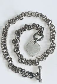 Italian Sterling Silver Rolo Chain Necklace w/ Toggle Clasp & Heart Charm / Tag,  46.15 grams,  18"
