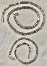Sterling Silver 925 Braided Link Necklace & Bracelet Set, Diamond-Cut Texture,  41.28 GRAMS