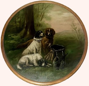 Antique Hand-Painted Hunting Scene on Round Wood Panel, Three Sporting Dogs w/ Game Bag, Signed SEW