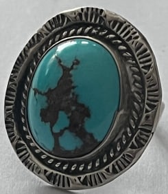 Vintage Navajo Sterling Silver Ring with Large Blue Turquoise Cabochon & Hand-Stamped Bezel