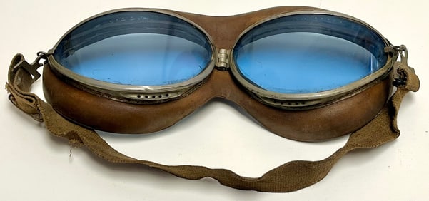 Rare Early Aviation / motoring Blue-Tint Goggles – Leather & Nickel Frames, c.1915–1930