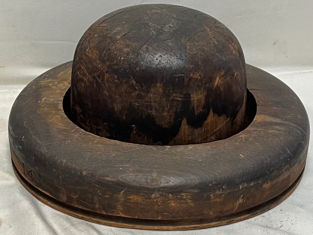 Antique 19th–Early 20th Century Wooden Hat Block & Brim Block Set – Size 6 3/4 – Millinery: An authentic antique milliner’s wood hat block and matching brim block, likely dating from the late 1800s to early 1900s. This hand-crafted hardwood form was used in professional hat-making for shap