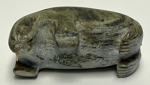Inuit Carved Stone Walrus Sculpture with Carved Tusk, Mid-20th Century