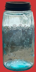 Rare Early AQUA “MASON’S PATENT NOV 30TH 1858, CLYDE, N.Y.” Shoulder Seal Jar w/ Zinc Lid