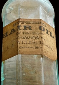 Antique 19th C. Apothecary Hair Oil Bottle – Superior Hair Oil, J. A. Wells Druggist, Charlemont,