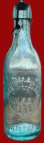 Antique Aqua Hutchinson Soda Bottle, John Malbeouf, Ware, Massachusetts, “This Bottle Not to Be