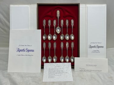 Franklin Mint Apostle Spoons, Complete 13-Piece Solid Sterling Silver Set W/ Case & Documents 444 GR