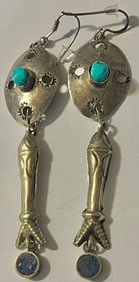Navajo Sterling Silver Turquoise & Lapis Fish Drop Earrings – Signed JM – 10.85 GRAMS