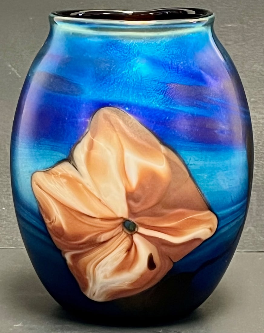Early Josh Simpson Signed Studio Art Glass Vase, 1979, Limited Ed. 2 /18, Applied Flower, Blue Iride (1 of 11)