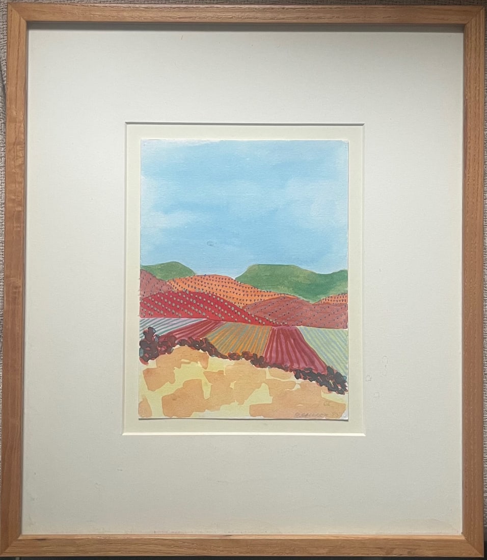 Richard Callner (American, 20th Century) Abstract Landscape, Watercolor on Paper, Dated 1985: Richard Callner (American, 20th Century) Abstract Landscape, Watercolor on Paper, Dated 1985, Original watercolor painting on paper depicting a stylized agricultural landscape composed of rolling hill