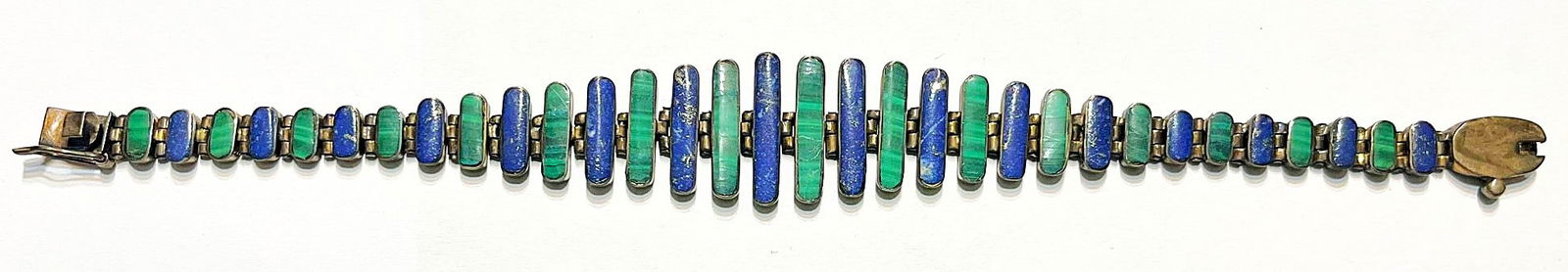 Vintage Sterling Silver Malachite & Lapis Lazuli Alternating Bar Link Bracelet – 7.75 in, 18.5 g: Vintage Sterling Silver Malachite & Lapis Lazuli Alternating Bar Link Bracelet – 7.75 in, 18.5 g, Vintage sterling silver link bracelet featuring alternating vertical bar-shaped cabochons of natural
