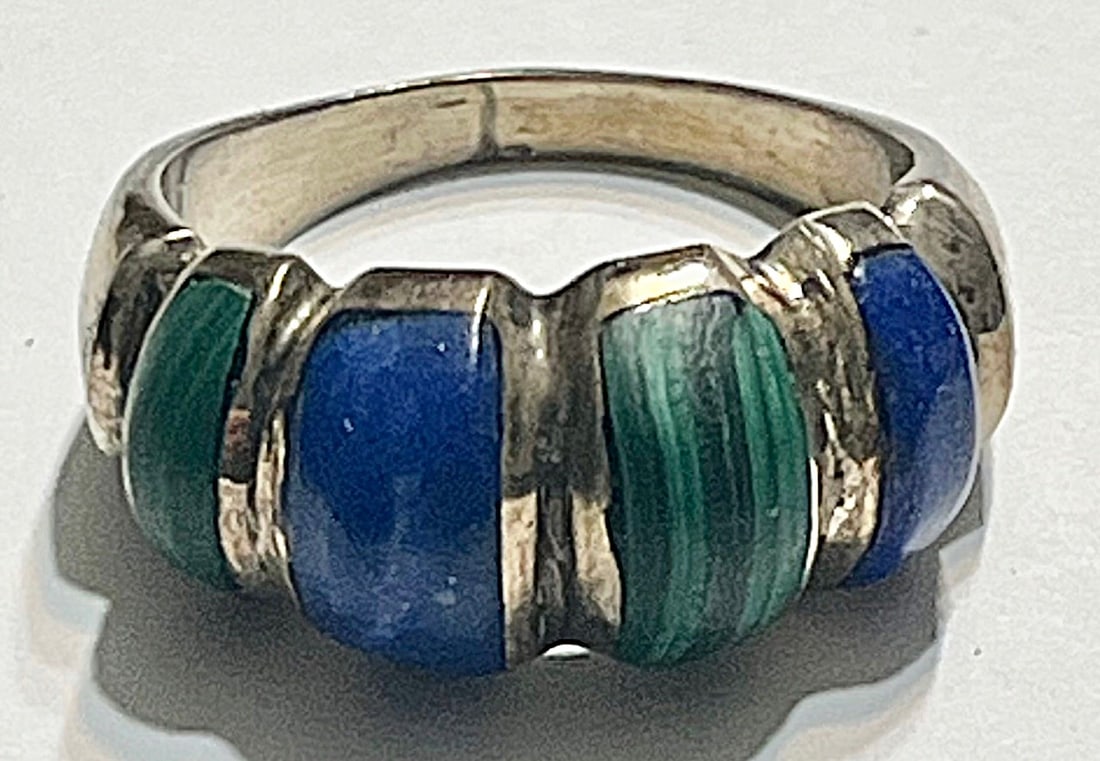 Vintage Sterling Silver Malachite & Lapis Lazuli Band Ring – 925 – 5.47g, SIZE 8.5: Vintage Sterling Silver Malachite & Lapis Lazuli Band Ring – 925 – 5.47g, SIZE 8.5, Vintage sterling silver band ring set with alternating natural malachite and lapis lazuli cabochons. The stones