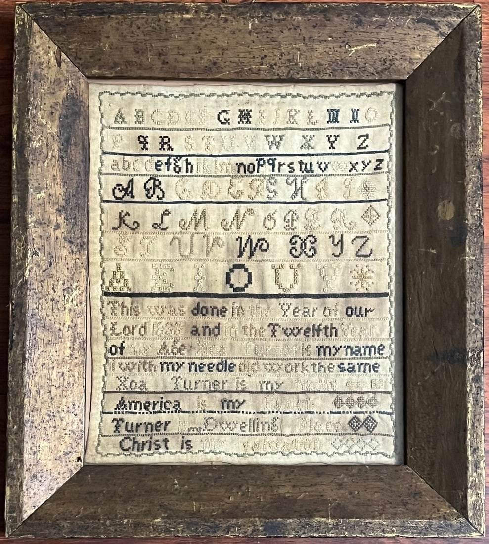 Early American Needlework Sampler, Dated 1812 — “America Is My Nation” — Period Frame: Early American Needlework Sampler, Dated 1812 — “America Is My Nation” — Original FrameEarly 19th-century American needlework sampler, finely worked in silk threads on a linen ground and d