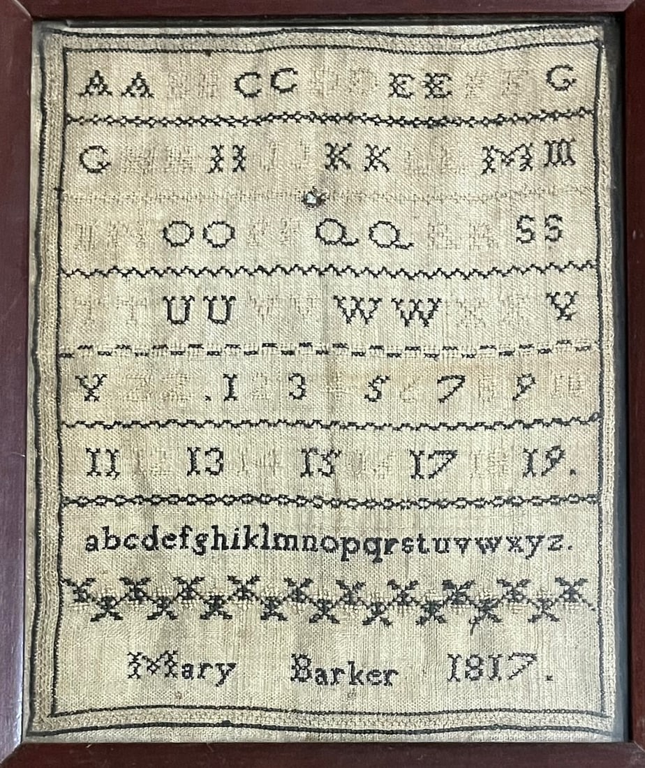 Early American Alphabet & Number Sampler by Mary Barker, Dated 1817, Framed: Early American Alphabet & Number Sampler by Mary Barker, Dated 1817, Framed, Early American needlework sampler stitched by Mary Barker and dated 1817, worked in black thread on linen. The sampler feat