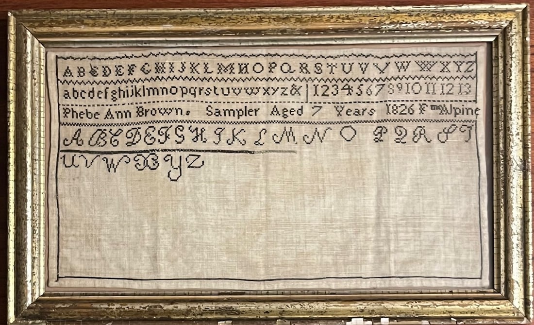 1826 Antique American Needlework Sampler by Phoebe Ann Brown, Aged 7 – Alphabet, Numbers –: 1826 Antique American Needlework Sampler by Phoebe Ann Brown, Aged 7 – Alphabet, Numbers – Framed, early 19th-century American schoolgirl needlework sampler, finely stitched and dated 1826, worked