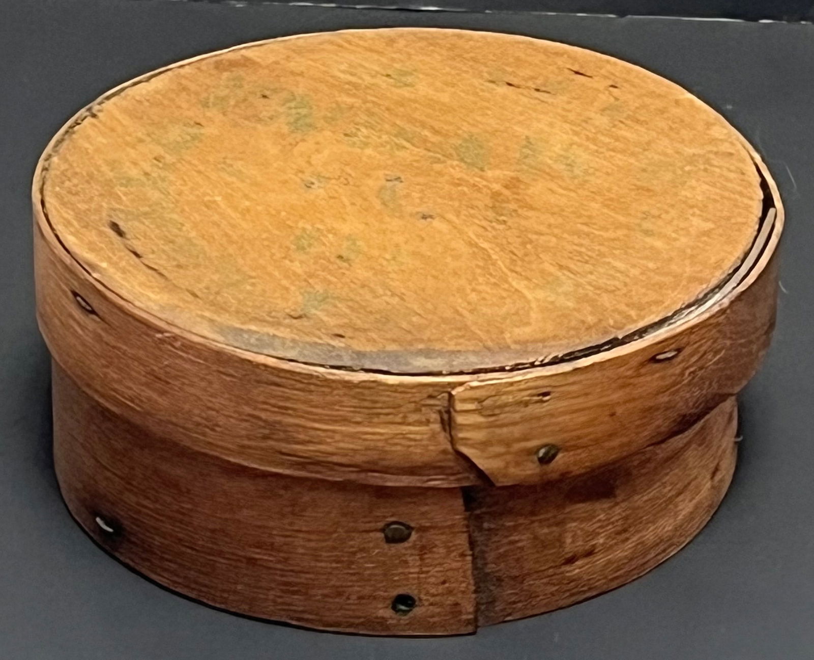 Miniature 19th C. New England 4" Diameter Round Pantry Box with Lid: Miniature 19th C. New England 4" Diameter Round Pantry Box with Lid, copper tacks, Condition as seen in photos provided