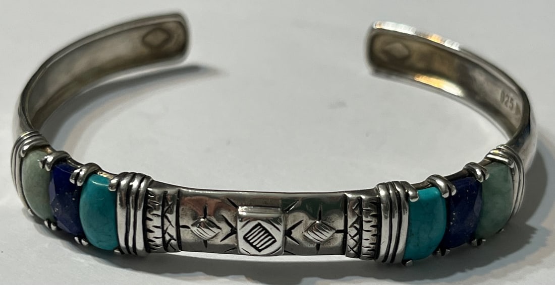 Sterling Silver Turquoise, Lapis Lazuli & Jade Cuff Bracelet – 925 Marked – 15.93 GRAMS: Sterling Silver Turquoise, Lapis Lazuli and Jade Cuff Bracelet – 925 Marked – 15.93 GRAMS, Beautiful sterling silver cuff bracelet featuring a bold, symmetrical design set with turquoise, deep blu