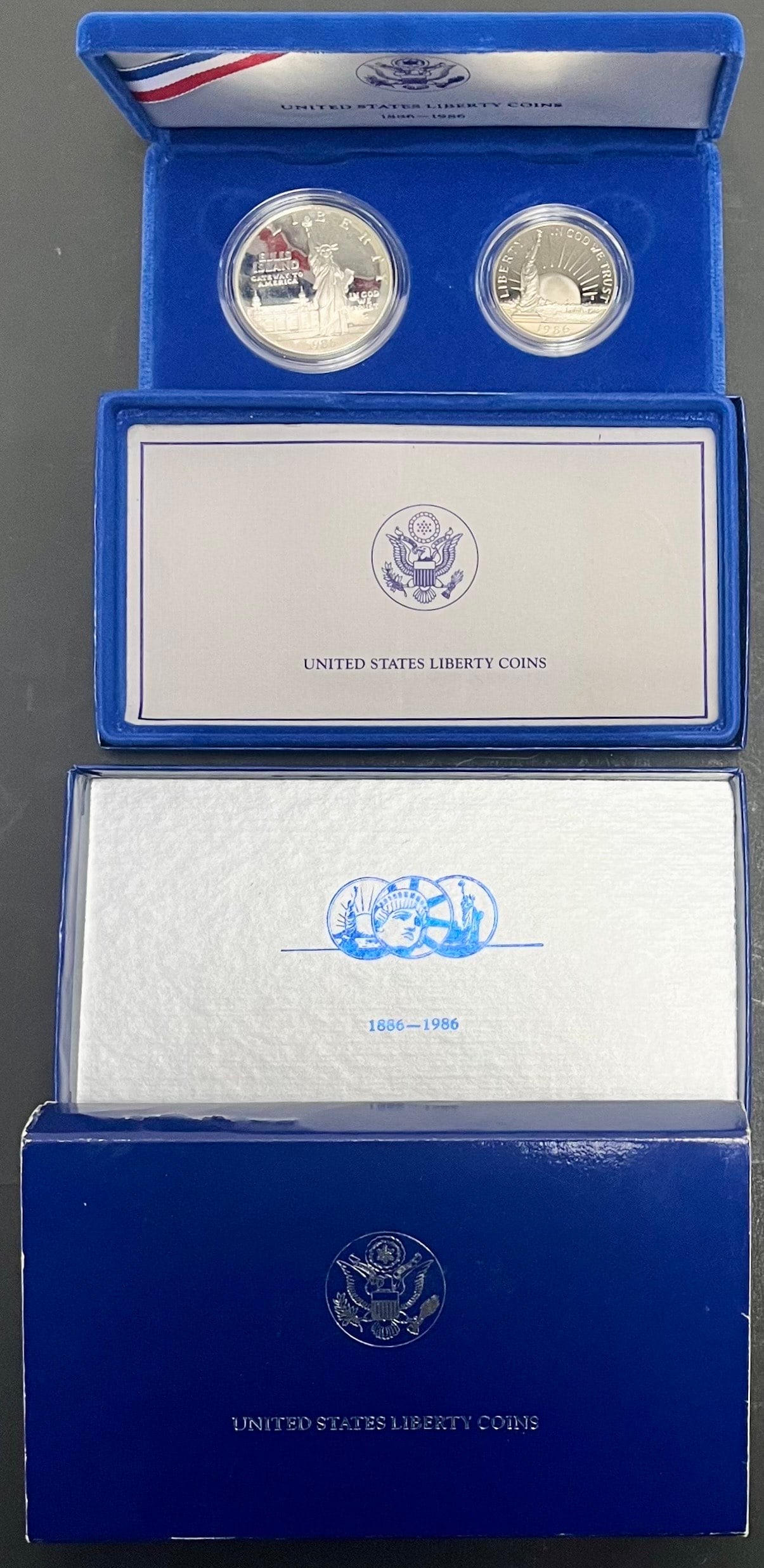 1986 U.S. Liberty Centennial Proof Coin Set – Silver Dollar & Half Dollar, San Francisco Mint,: 1986 U.S. Liberty Centennial Proof Coin Set – Silver Dollar & Half Dollar, San Francisco Mint, Original Presentation Case, original 1986 United States Liberty Centennial Proof Coin Set, issued by th
