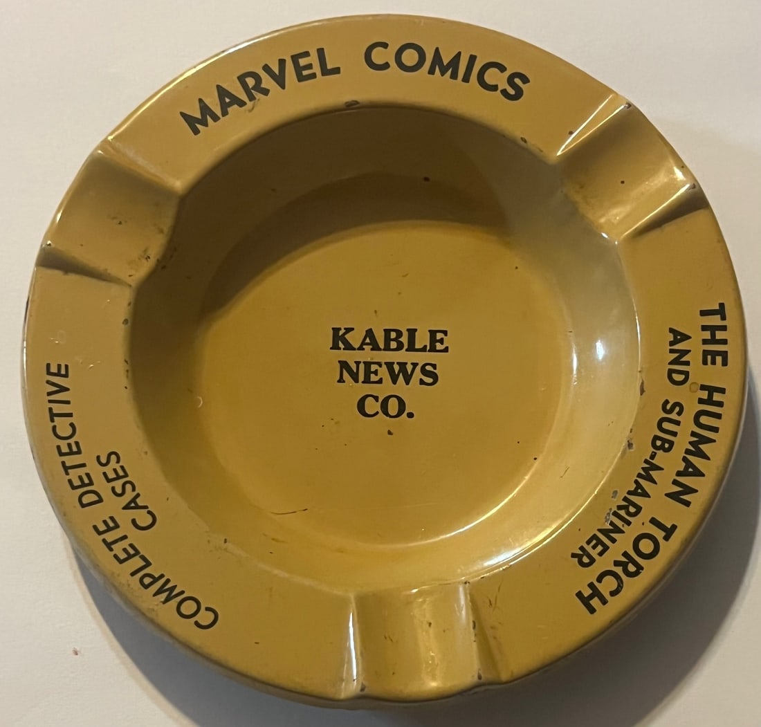 Vintage Marvel Comics Advertising Ashtray, Kable News Co, Human Torch & Sub-Mariner, c. 1950s: Rare Vintage Marvel Comics Advertising Ashtray, Kable News Co, Human Torch & Sub-Mariner, c. 1950s, MEASURES APPROX. 4 1/4" IN DIAMETER, Vintage metal advertising ashtray produced for Marvel Comics an