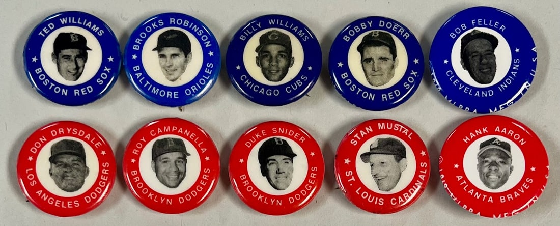 1969 MLBPA Player Photo Pinback Buttons, Ted Williams, Hank Aaron, Bob Feller & Others (Lot of 10): 1969 MLBPA Player Photo Pinback Buttons, Ted Williams, Hank Aaron, Bob Feller & Others (Lot of 10), Original 1969 Major League Baseball Players Association (MLBPA) licensed pinback buttons featuring b