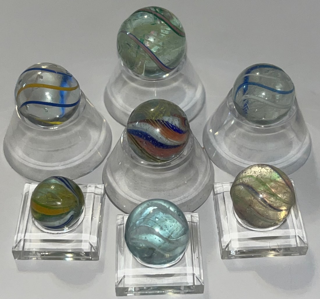 Group of 8 Antique Handmade German Swirl & Latticino Core Marbles, c. 1880–1910: Group of 8 Antique Handmade German Swirl & Latticino Core Marbles, c. 1880–1910, MEASURE APPROX. 1/2" TO 3/4" DIAMETER, Group of eight (8) antique handmade glass marbles, produced in Germany cir