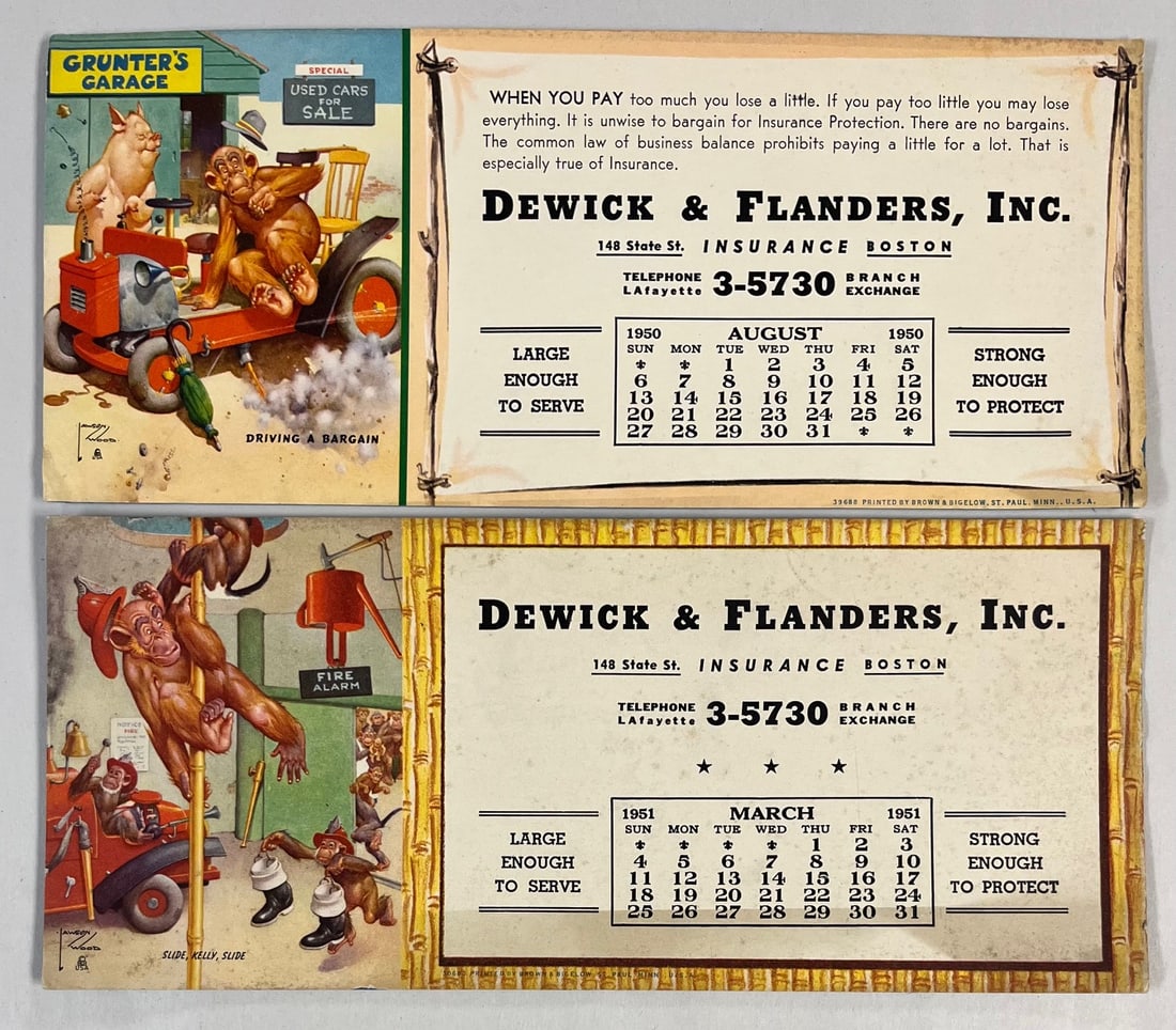1950–1951 Dewick & Flanders Insurance Advertising Calendar Blotters, Monkey & Pig Cartoon Art,: 1950–1951 Dewick & Flanders Insurance Advertising Calendar Blotters – Monkey & Pig Cartoon Art, Boston, Set of vintage advertising calendar blotters produced for Dewick & Flanders, Inc., I