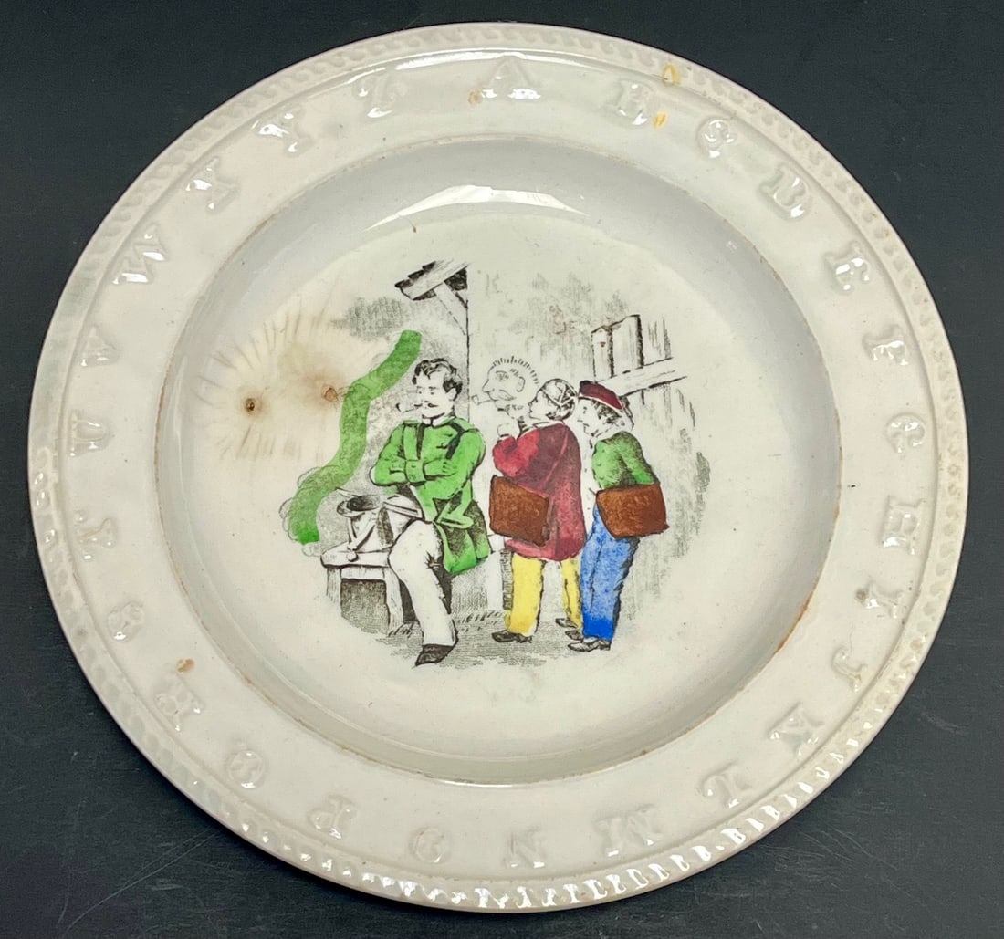 19th Century English Alphabet Rim Child’s Plate with Schoolboy Scene, Transferware, c.: 19th Century English Alphabet Rim Child’s Plate with Schoolboy Scene, Transferware, c. 1850–1870, MEASURES APPROX. 8" IN DIAMETER, Antique mid-19th century English ceramic child’s pl