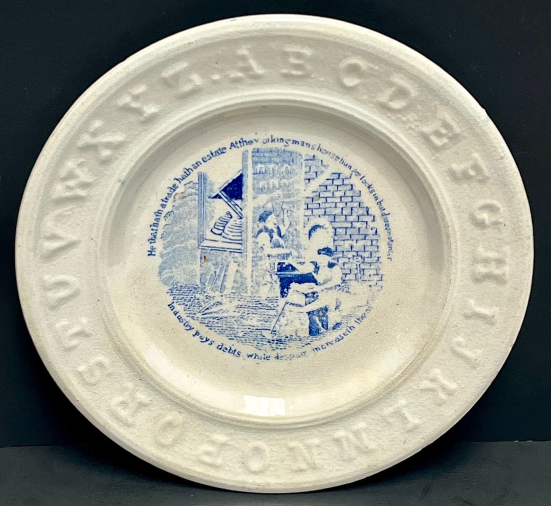 Antique English Blue Transferware Plate – He That Is Idle Hath an Estate… Moral &: Antique English Blue Transferware Plate – He That Is Idle Hath an Estate… Moral & Industrial Reform Plate, c. 1840s, MEASURES APPROX. 7 7/8" IN DIAMETER, Antique English blue transferware