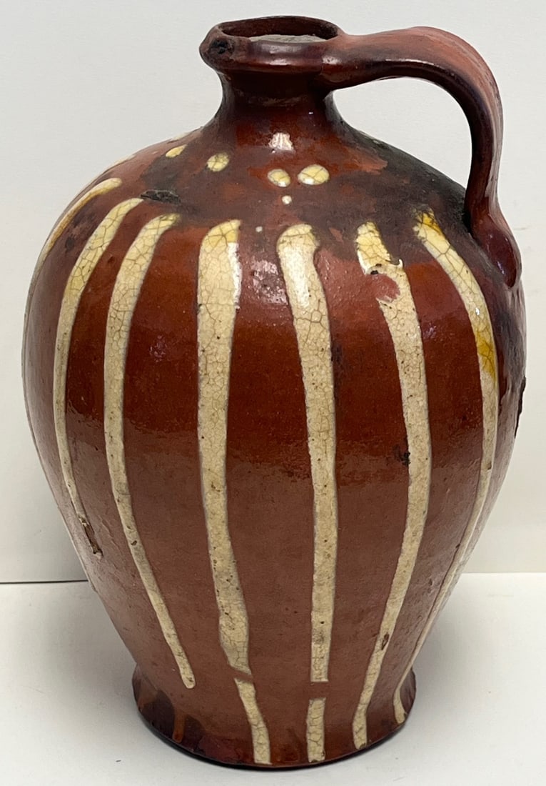19th Century Ovoid Form Redware Jug with Slip Decoration, Single Handle, c. 1840–1860 (1 of 11)