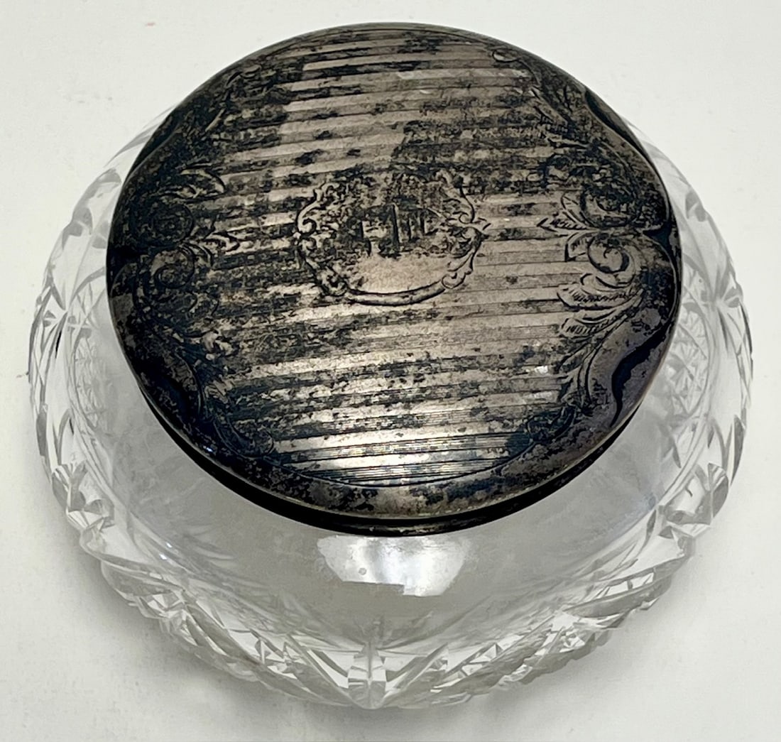 Antique Cut Crystal Dresser Jar with Sterling Silver Monogrammed Lid, c. Late 19th–Early 20th: Antique Cut Crystal Dresser Jar with Sterling Silver Monogrammed Lid, c. Late 19th–Early 20th Century, Antique cut crystal dresser or vanity jar featuring a finely cut clear crystal body with de
