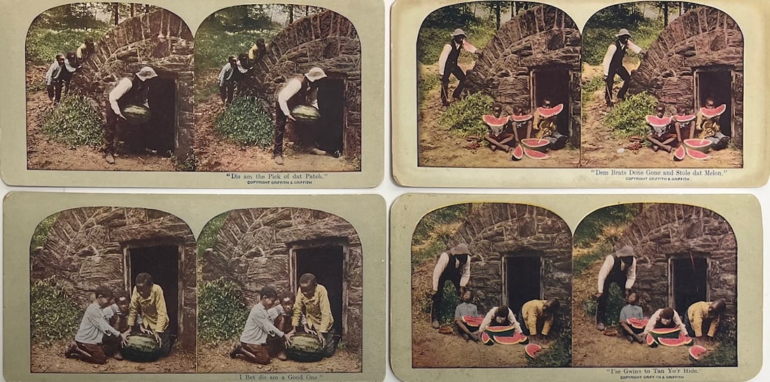 Griffith & Griffith “Watermelon Patch” Series – Hand-Colored Stereoview Cards (Set: Griffith & Griffith “Watermelon Patch” Series – Hand-Colored Stereoview Cards (Set of 4), Black Americana Ephemera, Set of four antique hand-colored stereoscopic view cards published