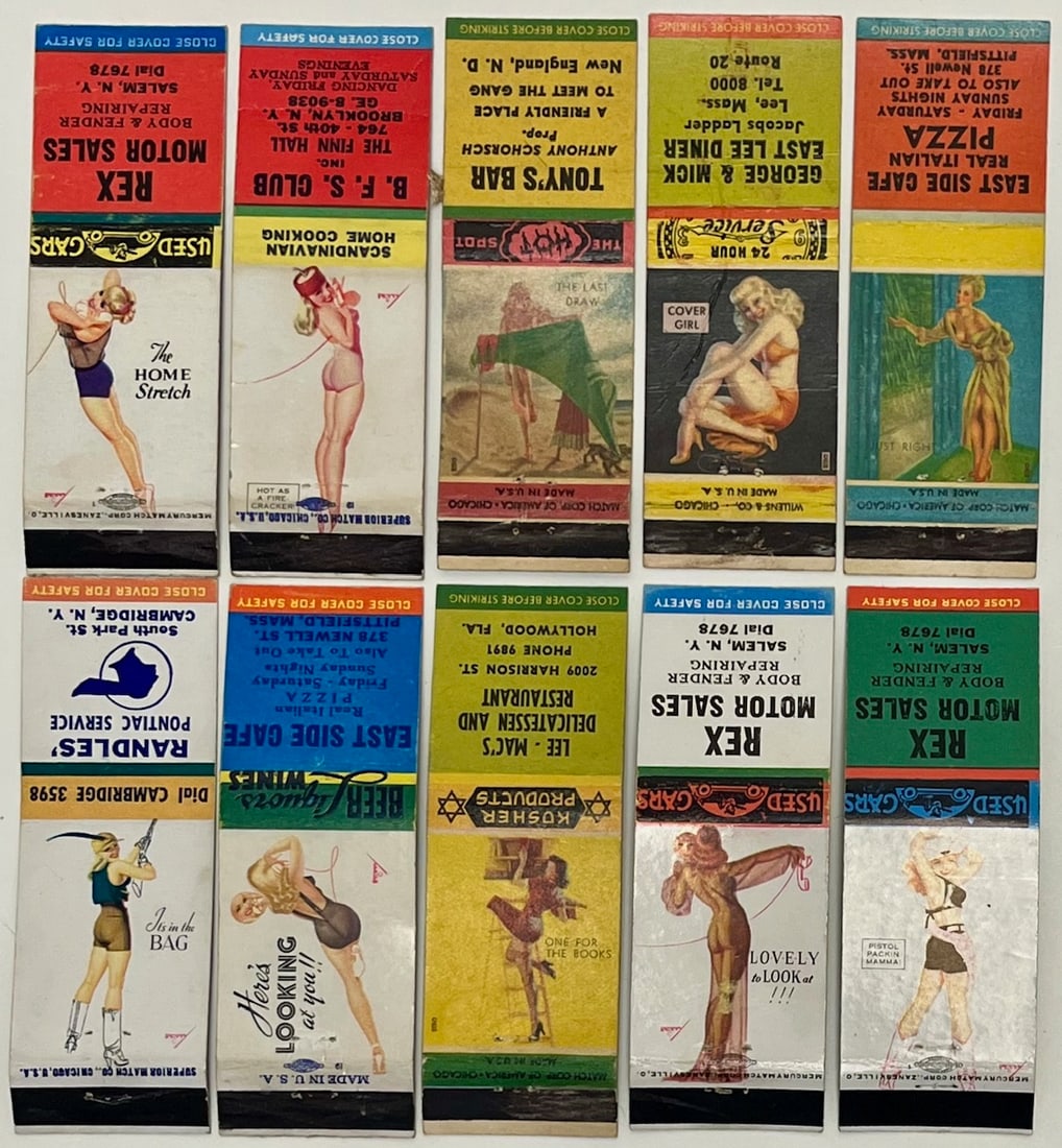 Lot of 10 Vintage 1940s–1950s Pin-Up Advertising Matchbooks – MA, NY, FL Businesses: Lot of 10 Vintage 1940s–1950s Pin-Up Advertising Matchbooks – MA, NY, FL Businesses, collection of original mid-20th century advertising matchbooks featuring colorful pin-up style graphics