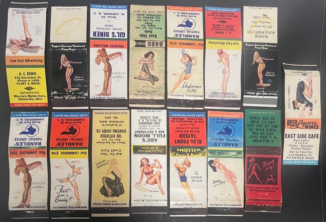 Lot of 15 Vintage 1940s–1950s Pin-Up Advertising Matchbooks – MA, NY, OH Businesses: Lot of 15 Vintage 1940s–1950s Pin-Up Advertising Matchbooks – MA, NY, OH Businesses, collection of original mid-20th century advertising matchbooks featuring colorful pin-up style graphics