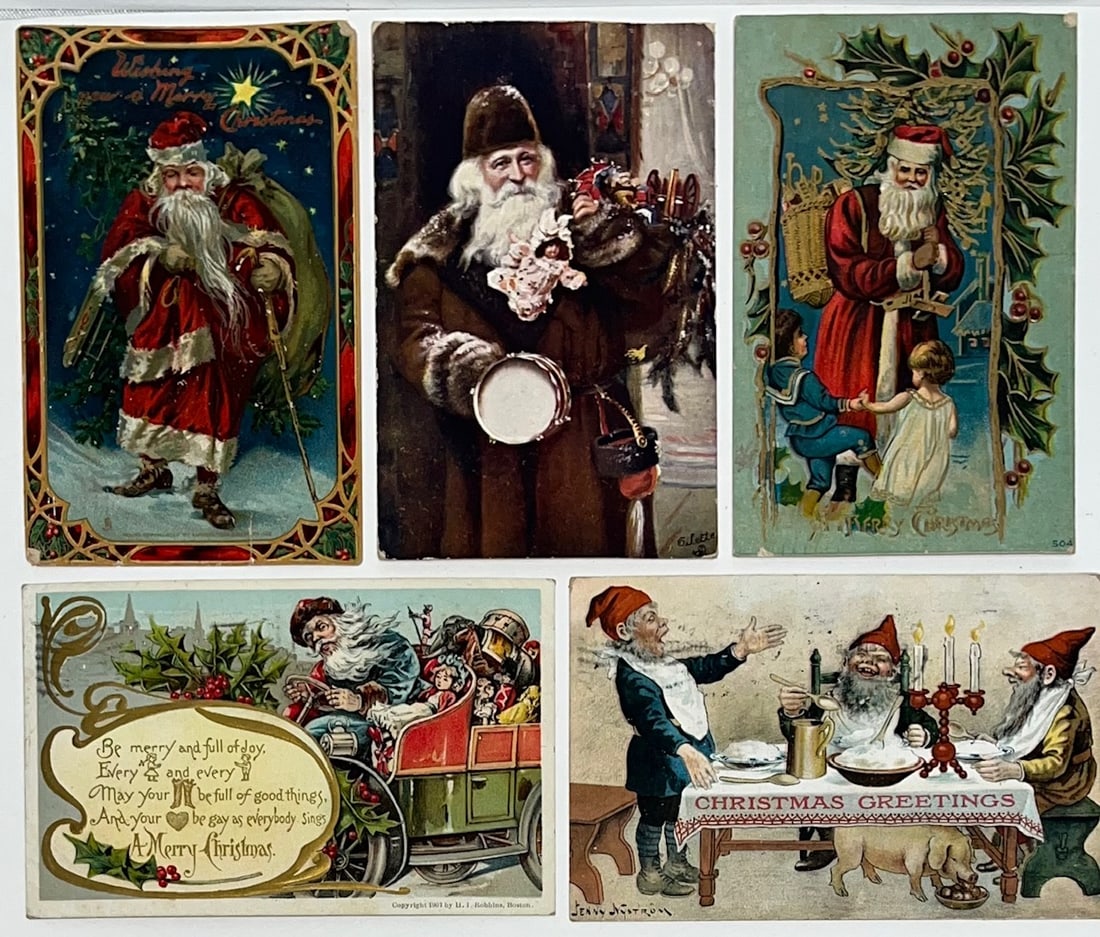 Antique Christmas Postcard Lot (5) c.1907–1910 Santa Claus, Jenny Nyström, Embossed &: Antique Christmas Postcard Lot (5) c.1907–1910 Santa Claus, Jenny Nyström, Embossed & Postmarked, collection of five early 20th-century Christmas postcards, all postmarked 1908–1910 a