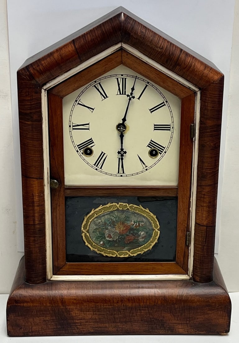 Antique Wm. L. Gilbert & Co. 8-Day Cottage Shelf Clock – Vine & Floral Glass, Winsted, Conn.,: Antique Wm. L. Gilbert & Co. 8-Day Cottage Shelf Clock – Vine & Floral Glass, Winsted, Conn., Circa 1870s, Antique American cottage or “shelf” clock by Wm. L. Gilbert & Co., Winsted,