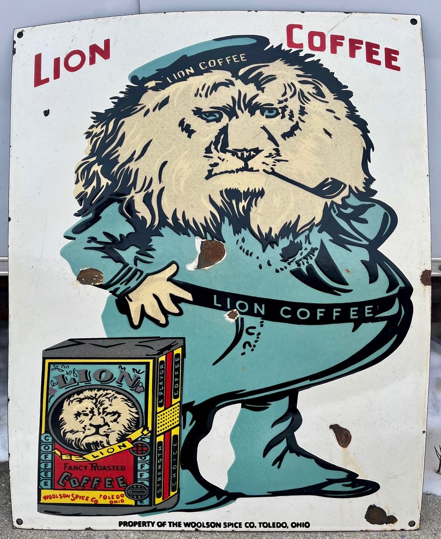Original Antique Porcelain Lion Coffee Advertising Sign – Woolson Spice Co., Toledo, Ohio: Original Antique Porcelain Lion Coffee Advertising Sign – Woolson Spice Co., Toledo, Ohio, Original vintage Lion Coffee advertising sign featuring the iconic lion mascot holding a package of 