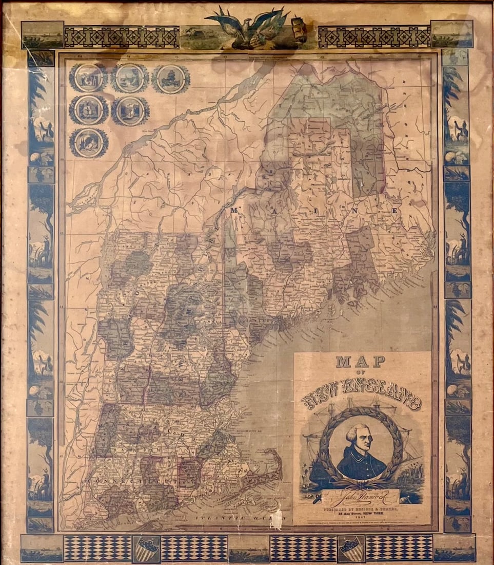 1847 Ensings & Thayer “Map of New England” with John Hancock Portrait – Folio (1 of 20)
