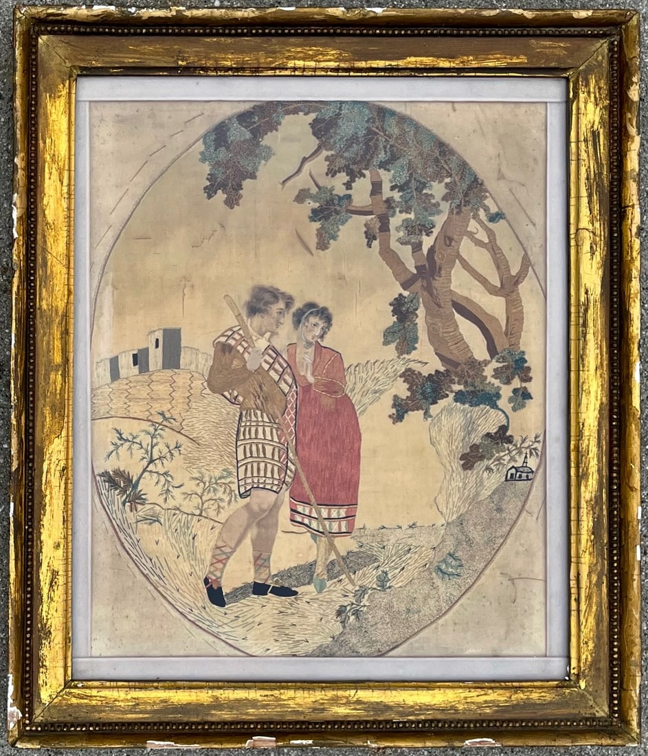 Early 19th Century Silk Needlework Picture with Painted Faces – Romantic Pastoral Scene: Early 19th Century Silk Needlework Picture with Painted Faces – Romantic Pastoral Scene, Fine early 19th century silk needlework picture depicting a romantic pastoral courting scene, worked in s