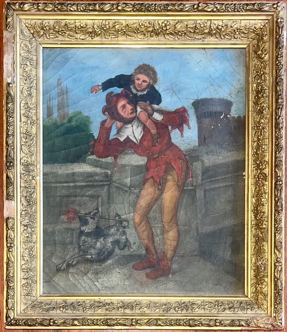 19th Century Continental Genre Painting of Jester with Child, Oil on Canvas, Ornate Gilt Frame: 19th Century Continental Genre Painting of Jester with Child, Oil on Canvas, Ornate Gilt Frame, 19th century Continental (likely German or Austrian) genre painting depicting a court jester in traditio